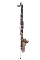 Bass clarinet with floor peg on white background