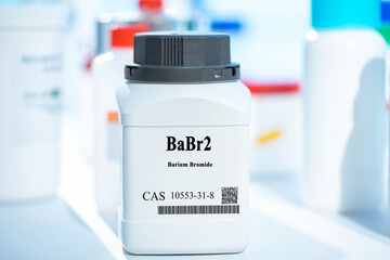 BaBr2 barium bromide CAS 10553-31-8 chemical substance in white plastic laboratory packaging