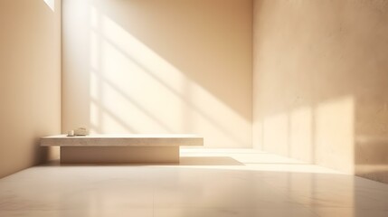 Fototapeta premium Light Beige Wall with Sunlight Beams and White Table/Floor for Product Presentation Background