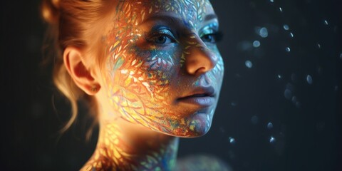 Hübsche Frau mit bunter Farbmalerei im Gesicht Nahaufnahme, ai generativ