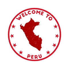Welcome to Peru stamp. Grunge country round stamp with texture in Piercing Red color theme. Vintage style geometric Peru seal. Elegant vector illustration.