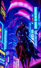 Fototapeta na wymiar Japanese Ninja Whit a Dragon background Cyberpunk