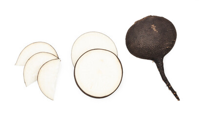 Black radish and slices isolated on a white background