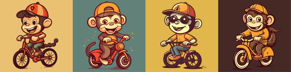 Flat color vector of happy monkeys riding bicycle set collection