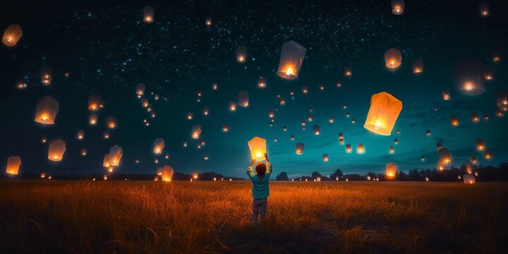 Viele chinesische Laternen am Himmel fliegen brennend im Lichtermeer, ai generativ