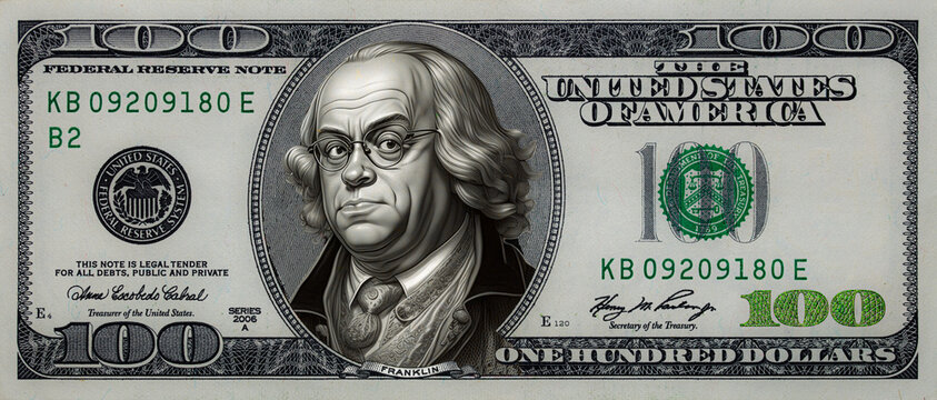old 100 dollar banknote with  Benjamin Franklin with a bright smile