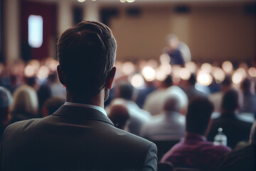 Fototapeta premium Man, back view speaker at business conference or meeting presentation, defocused audience in conference hall.