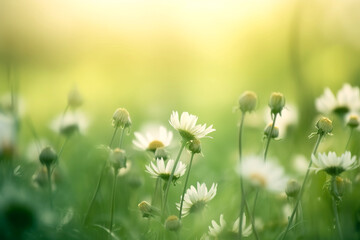 Chamomile flowers field wide background in sun light. Summer Daisies. Spring or summer nature scene with blooming white daisies in sun glare, generative ai