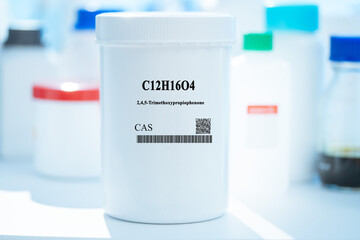 C12H16O4 2,4,5-Trimethoxypropiophenone CAS  chemical substance in white plastic laboratory packaging