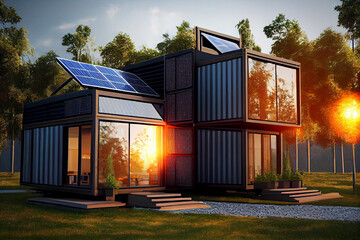 Residential house cottage made of cargo shipping containers. Solar panels on the roof.