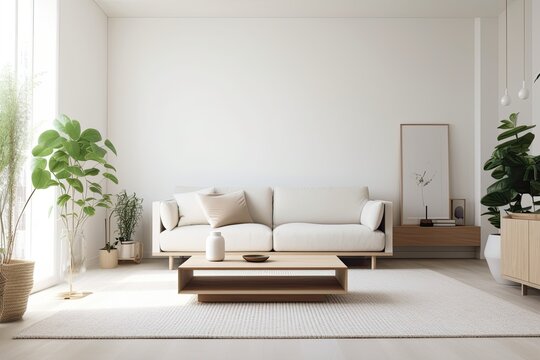 cozy living room with plants, a comfortable couch, and a coffee table. Generative AI