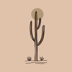 Abstract contemporary aesthetic cactus, modern sand background landscape desert, cactuses. Earth brown tones boho poster decor illustration © Knstart Studio