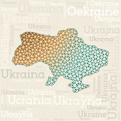 UKRAINE map design. Country names in different languages and map shape with geometric low poly triangles. Classy vector illustration of Ukraine.