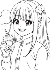 Anime girl with sweet ice cream. Little lady is smiling, vector coloring for children
