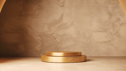 Golden Podium on Beige Stone Wall Background for Product Presentation