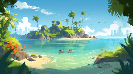 tropical paradise island with white sandy beach palm trees, pristine waters, vibrant, stylized digital art piece with a bright midday sun. Created using generative AI.