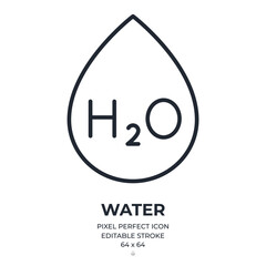 H2O water editable stroke outline icon isolated on white background flat vector illustration. Pixel perfect. 64 x 64.