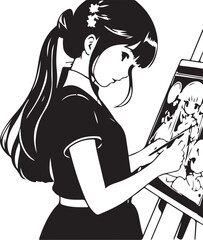Cute young anime girl is drawing a picture in manga comic style.Black and white vector print