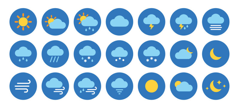 Set of 21 basic weather icons. Can be used for web, apps, stickers. Isolated vector and PNG illustration on transparent background.