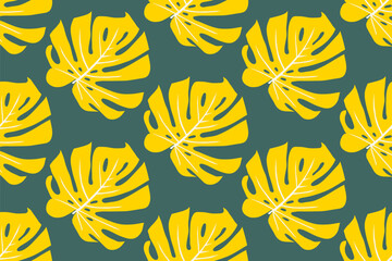 Naklejka na ściany i meble Beautiful exotic floral seamless pattern with yellow monstera deliciosa leaves on teal background.