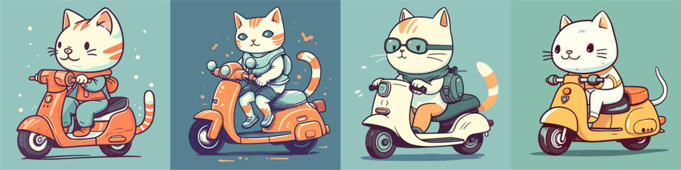 Flat color vector of happy cats riding scooter set collection