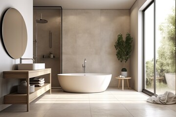 modern bathroom with a spacious white bathtub and a walk-in shower. Generative AI