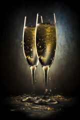 Illustration of two champagne glasses on a dark background. Holiday banner with sparkling wine created for postcard, poster, web site. Celebration mood, romantic atmosphere. Generative AI