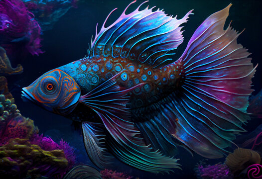 An adorable cartoon fish with a long colored tail and fins.