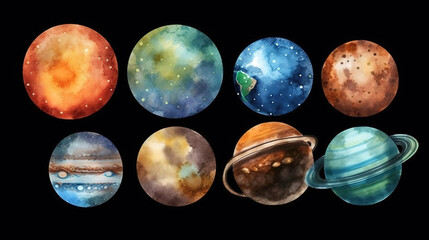 Set of solar system planets isolated on black background, Bright color. Generative Ai