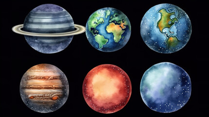 watercolor illustration, planetarium clip art, space collection. Generative Ai