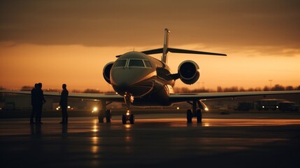 Fototapeta na wymiar Luxuriöser Privat Jet Flieger in der Abendsonne nach der Landung, ai generativ