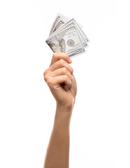 finance, currency and people concept - close up of hand holding 100 dollar banknotes over white background