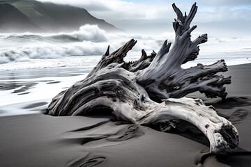 A Magnificent piece of driftwood lays atop a tranquil beach with crashing waves - generative ai. - obrazy, fototapety, plakaty