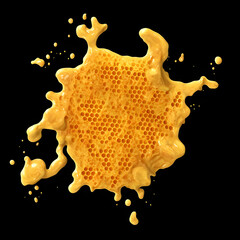 realistic honeycomb with melted honey isolated on black background. Studio photography style. Generative AI.