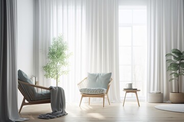 minimalist living room with white curtains and a modern chair. Generative AI