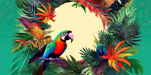Obraz premium Colorful background with tropical birds - generative AI Art