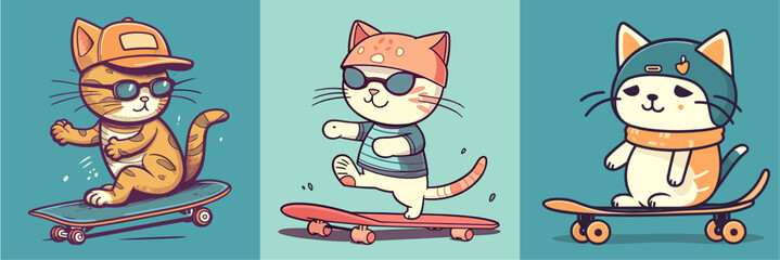 Flat color vector of happy cats on skateboard set collection - obrazy, fototapety, plakaty
