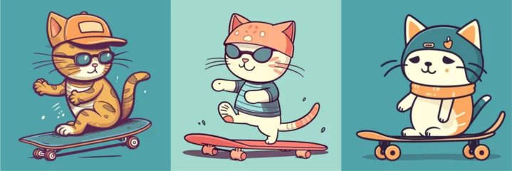  Flat color vector of happy cats on skateboard set collection © Giordano Aita
