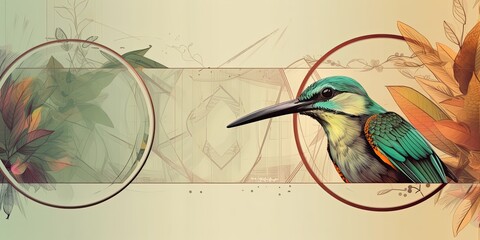 Technical drawing of colorful background with tropical birds - generative AI Art
