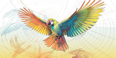 Technical drawing of colorful background with tropical birds - generative AI Art