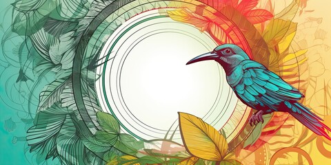 Technical drawing of colorful background with tropical birds - generative AI Art