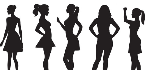 Beautiful young women stand in elegant poses. Set of silhouettes of girls with a beautiful slim figure