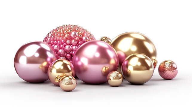 3d render, assorted metallic pink golden balls, objects isolated on white background. Generative Ai