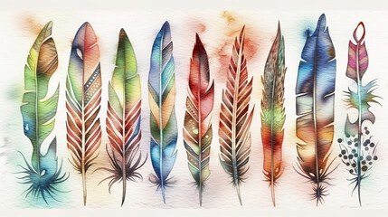 Watercolor boho illustration, tribal arrows, feathers, spring. Generative Ai