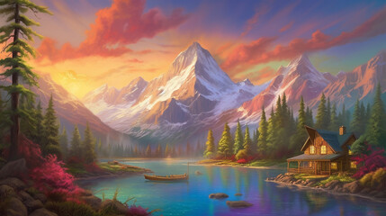sunset in the mountains over the lake, acrylic painting of mountain landscape with a cozy cabin, late afternoon sun. Created using generative AI.