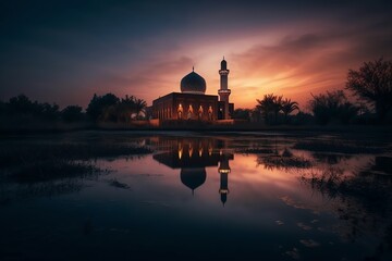 Obraz premium mosque full object perspective photo generate AI, for ramadhan kareem, eid al fitr, eid adha, islamic event