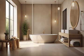 spacious bathroom with a luxurious bathtub and a circular mirror. Generative AI