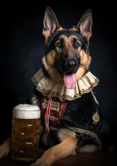 Realistic german shepherd in bavarian costume with beer (Generative AI, Generativ, KI)