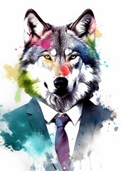 Colorful colorpainted wolf in suit (Generative AI, Generativ, KI)