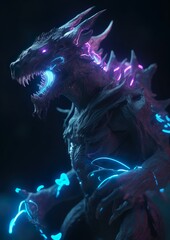 Fantasy creature (dinosaur like) with neon lightning (Generative AI, Generativ, KI)